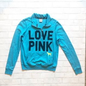 Vintage Victorias Secret Love Pink Half Zip Hoodie with green dog on front